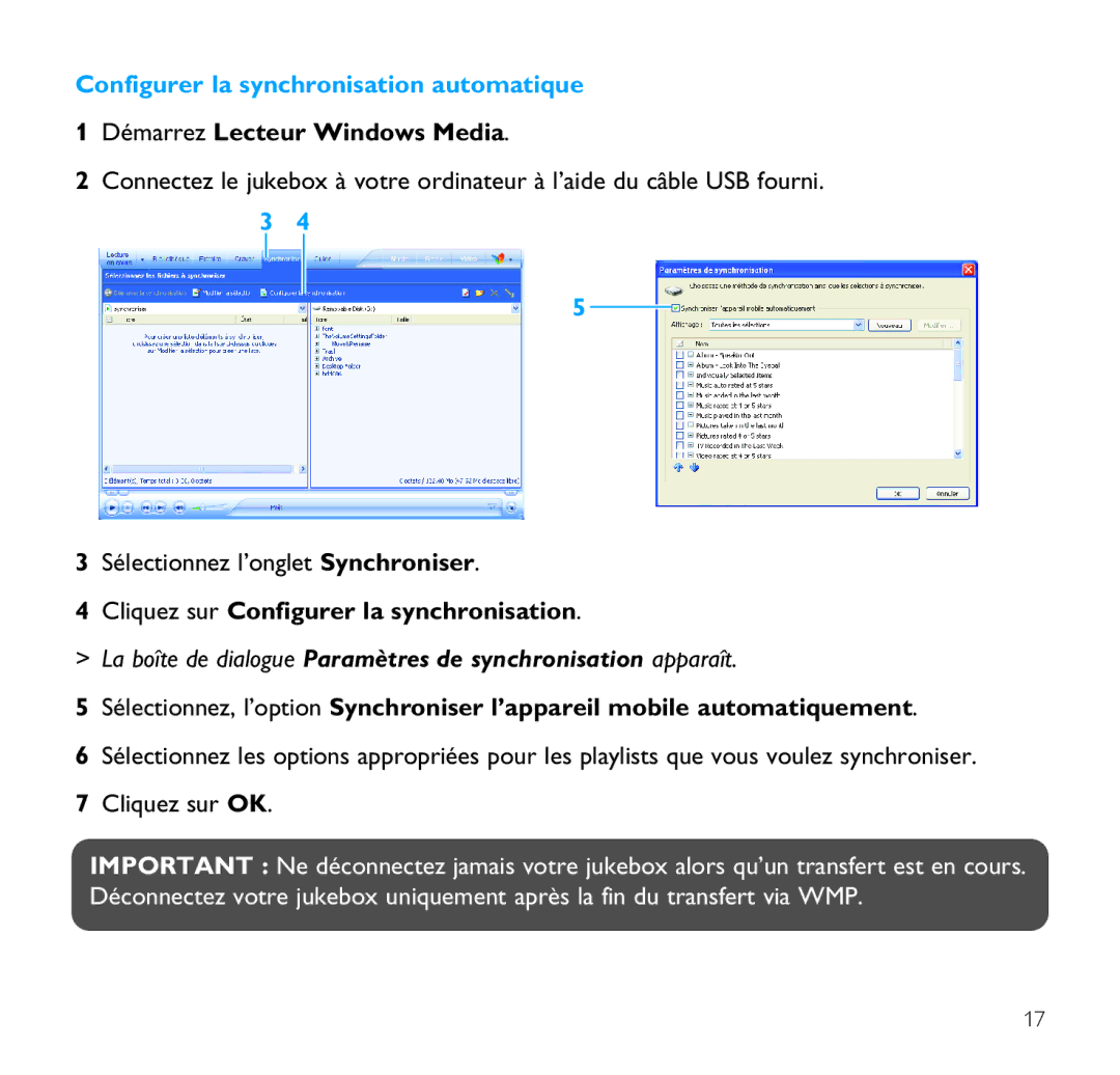 Philips SA9200, SA9100 manual Configurer la synchronisation automatique, Cliquez sur Configurer la synchronisation 