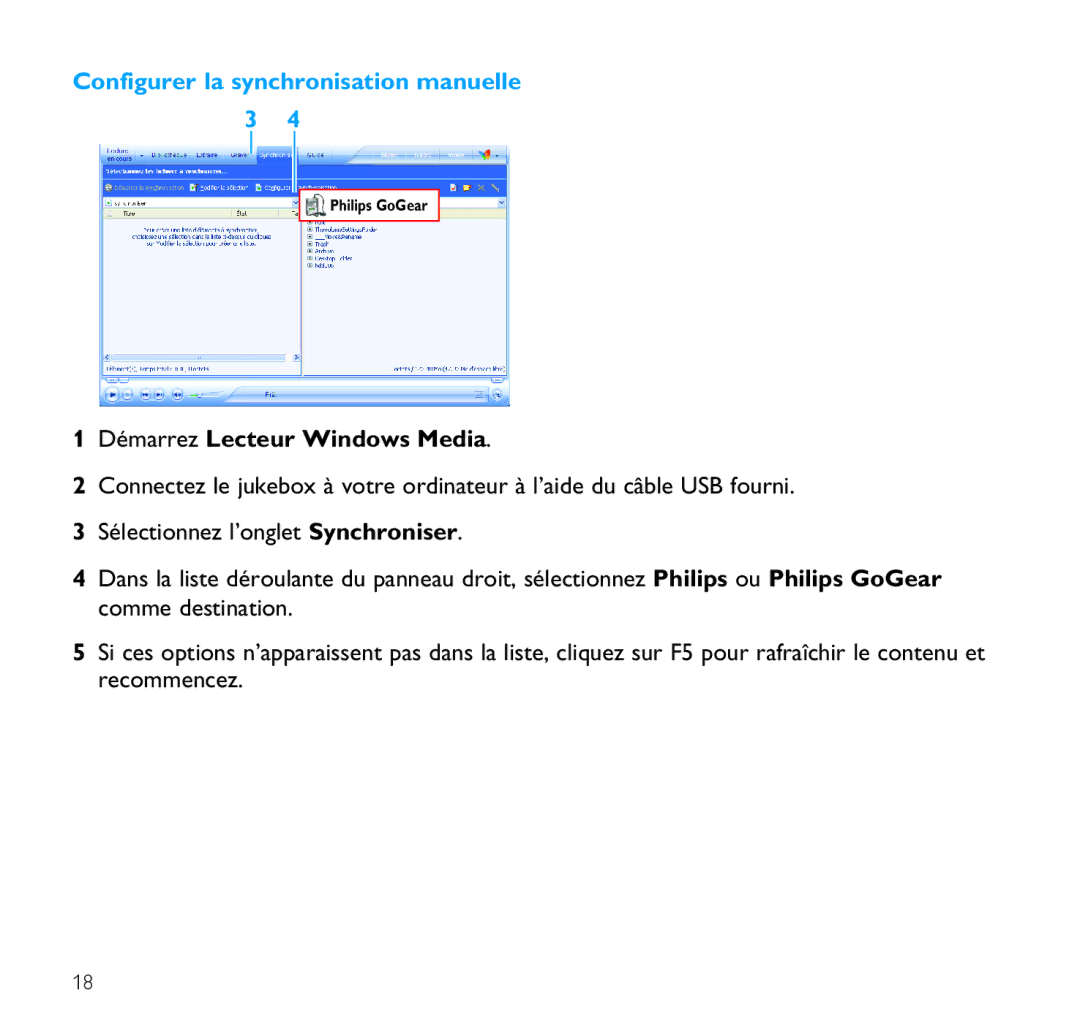 Philips SA9100, SA9200 manual Configurer la synchronisation manuelle 3 