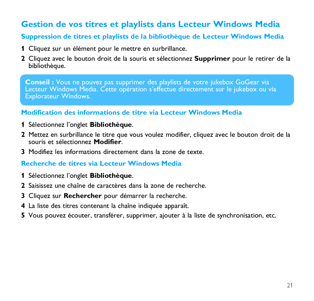 Philips SA9200, SA9100 manual Recherche de titres via Lecteur Windows Media 