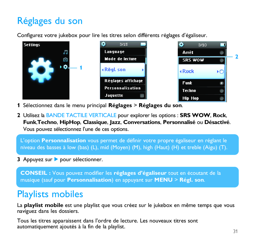 Philips SA9200, SA9100 manual Réglages du son, Playlists mobiles 