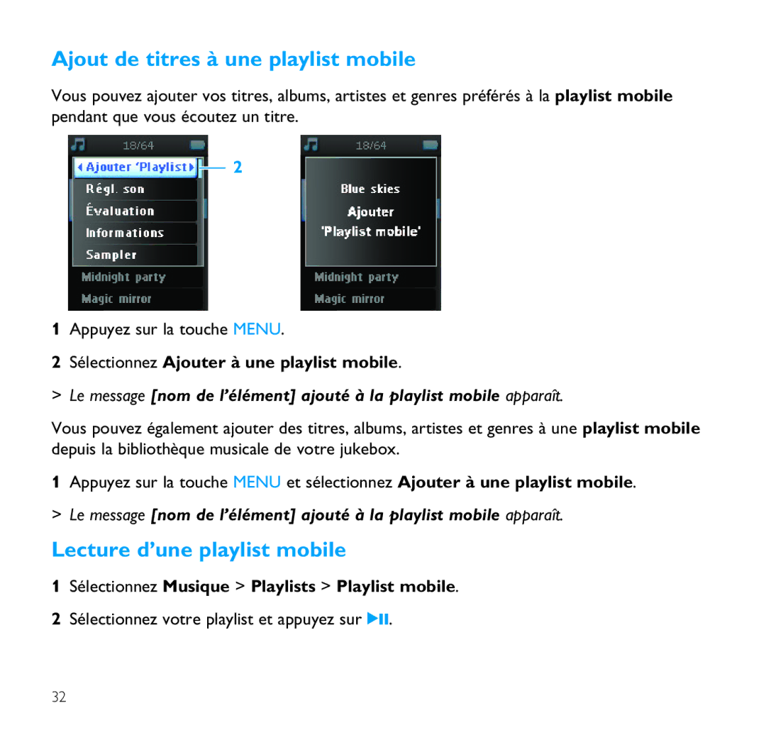 Philips SA9100, SA9200 manual Ajout de titres à une playlist mobile, Lecture d’une playlist mobile 