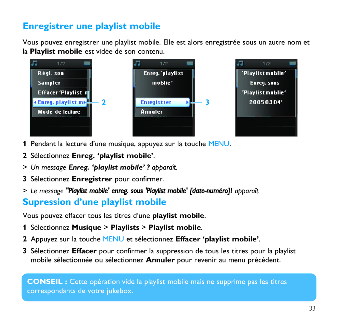 Philips SA9200 Enregistrer une playlist mobile, Supression d’une playlist mobile, Sélectionnez Enreg. ‘playlist mobile’ 