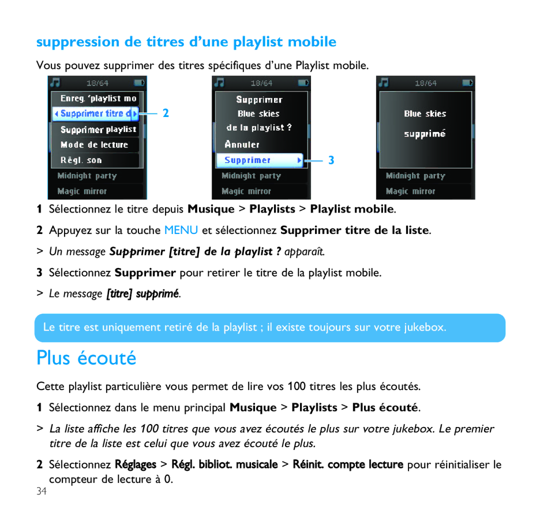 Philips SA9100, SA9200 manual Plus écouté, Suppression de titres d’une playlist mobile 