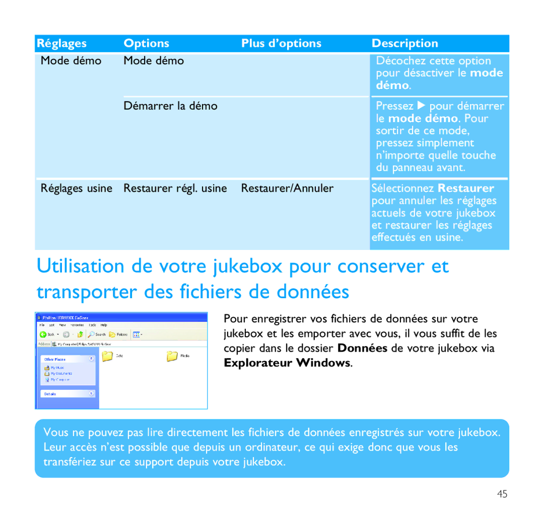 Philips SA9200, SA9100 manual Réglages Options Plus d’options Description 