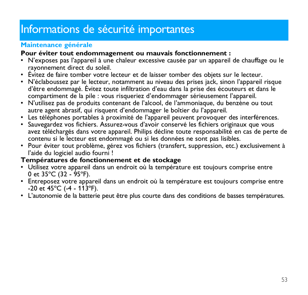 Philips SA9200 Informations de sécurité importantes, Maintenance générale, Températures de fonctionnement et de stockage 