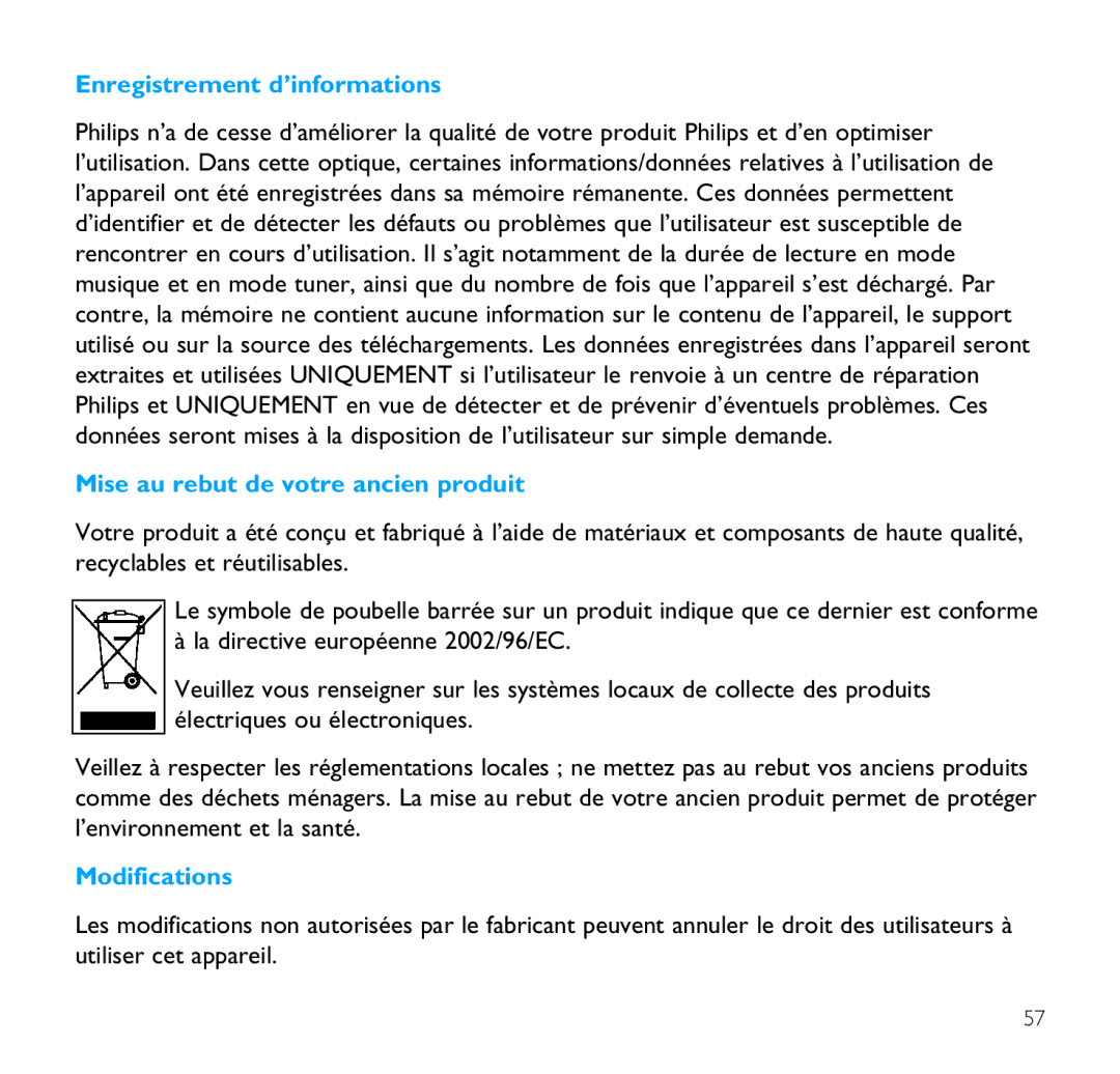 Philips SA9200, SA9100 manual Enregistrement d’informations, Mise au rebut de votre ancien produit, Modifications 