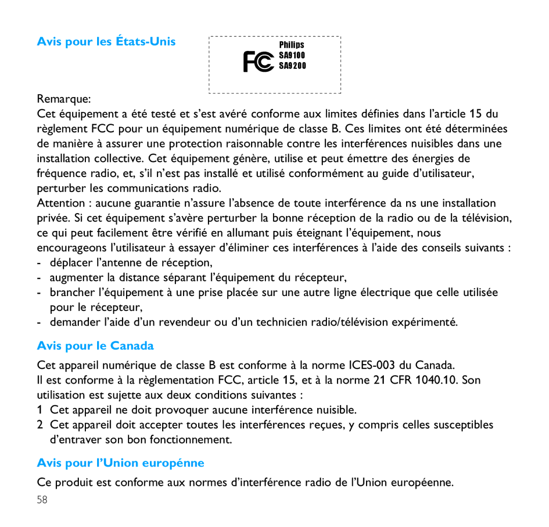 Philips SA9100, SA9200 manual Avis pour les États-Unis, Avis pour le Canada, Avis pour l’Union europénne 