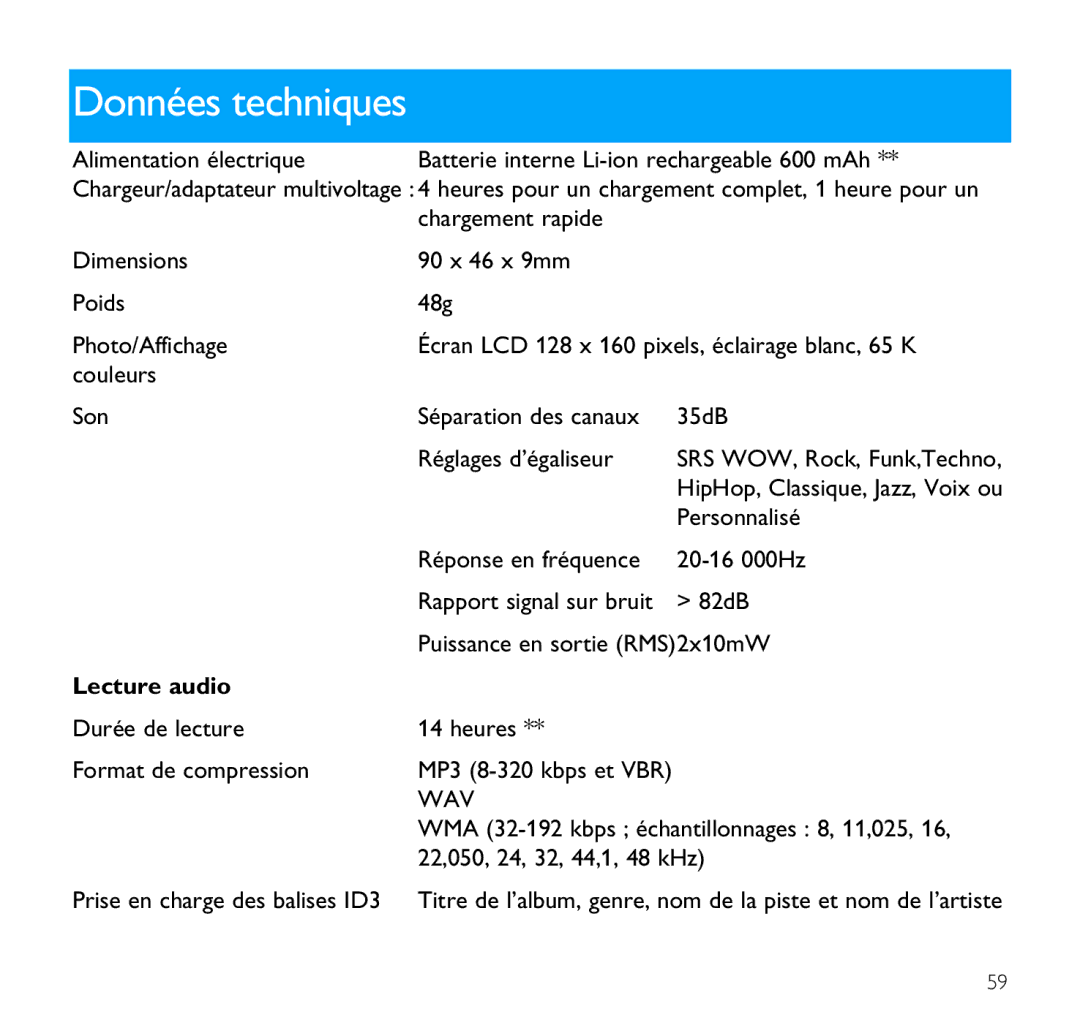 Philips SA9200, SA9100 manual Données techniques, Lecture audio 