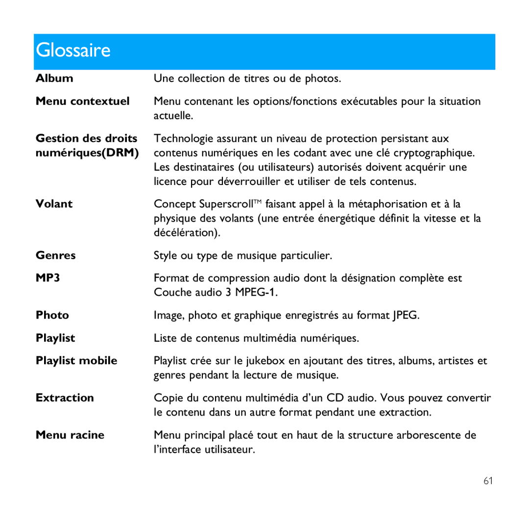 Philips SA9200, SA9100 manual Glossaire 