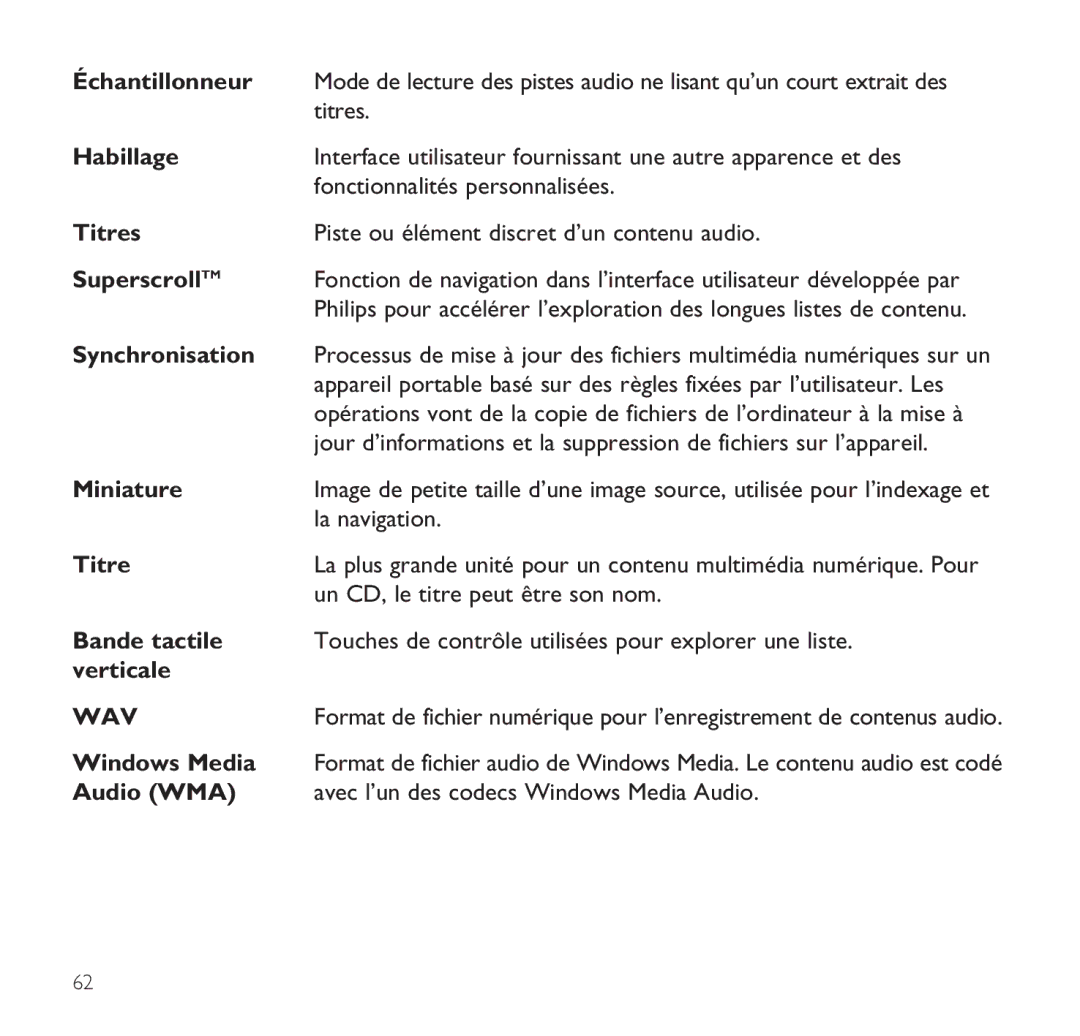 Philips SA9100 manual Échantillonneur, Titres, Synchronisation, Miniature, La navigation, Un CD, le titre peut être son nom 