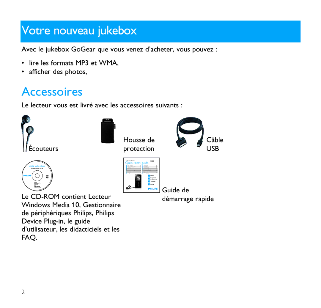 Philips SA9100, SA9200 manual Votre nouveau jukebox, Accessoires 