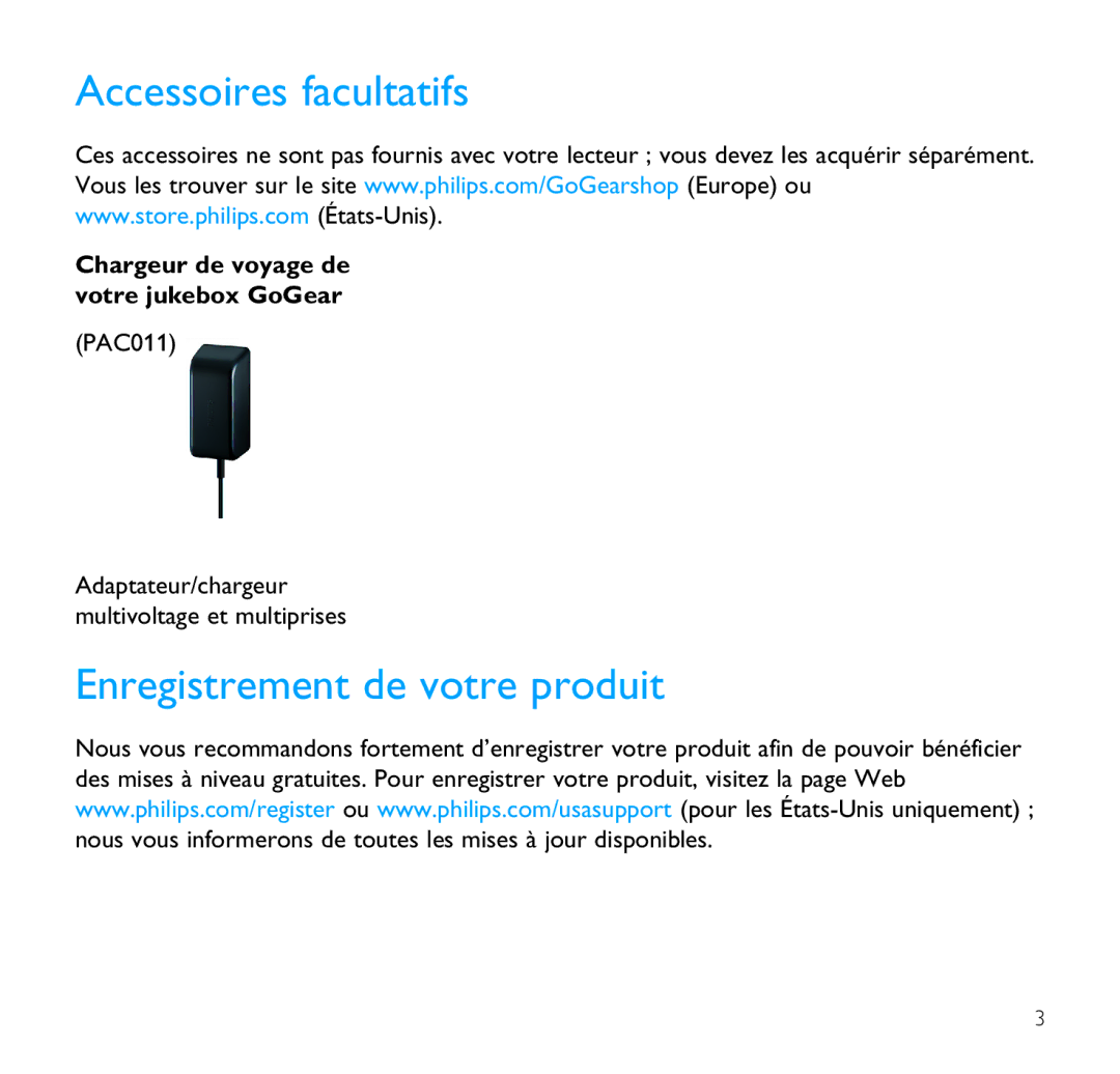 Philips SA9200, SA9100 manual Accessoires facultatifs, Enregistrement de votre produit 