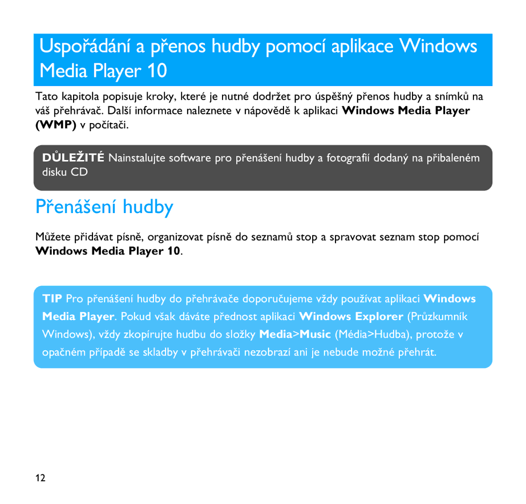 Philips SA9100, SA9200 manual Přenášení hudby, Windows Media Player 