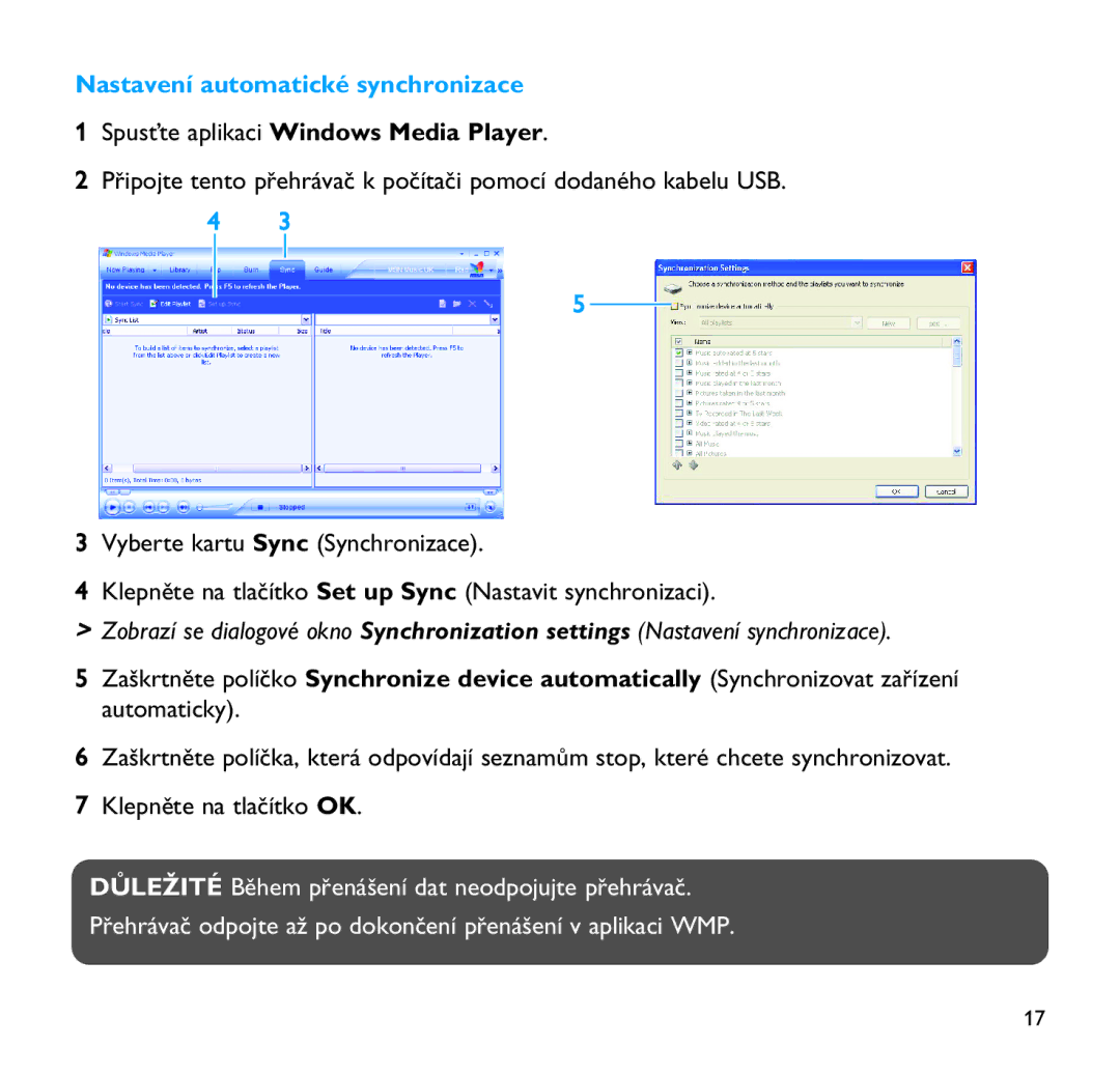 Philips SA9200, SA9100 manual Nastavení automatické synchronizace, Spusťte aplikaci Windows Media Player 