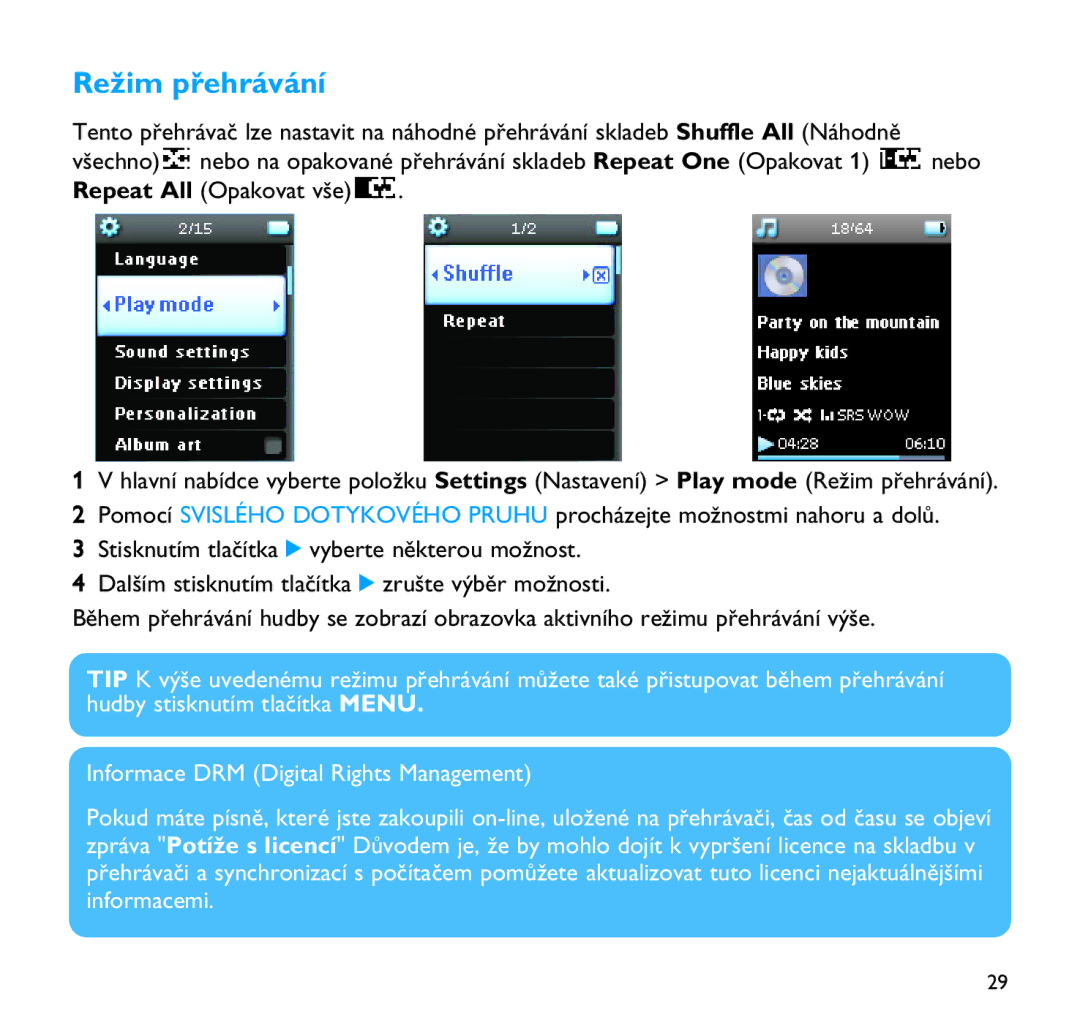 Philips SA9200, SA9100 manual Režim přehrávání 