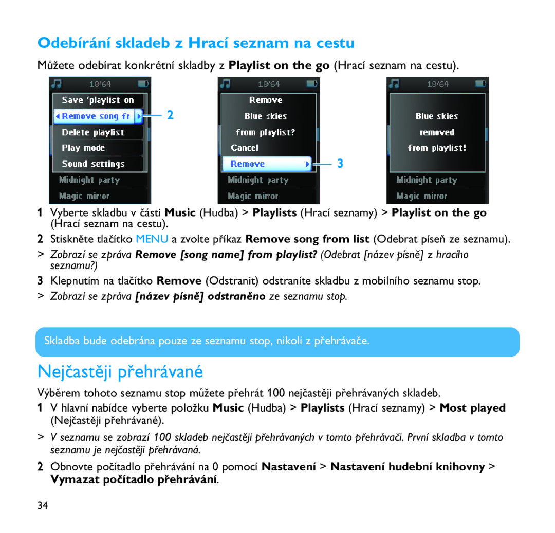 Philips SA9100, SA9200 manual Nejčastěji přehrávané, Odebírání skladeb z Hrací seznam na cestu 