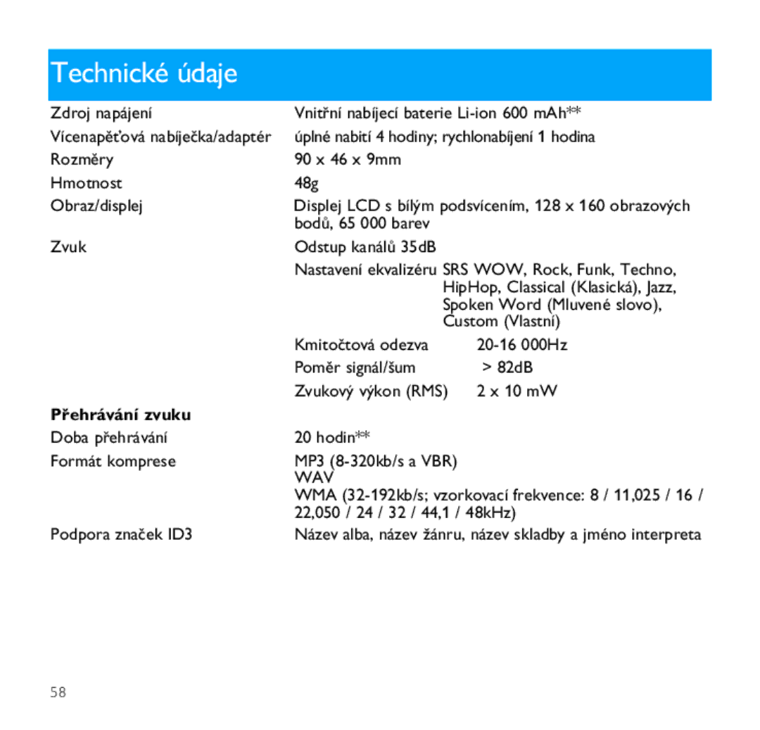 Philips SA9100, SA9200 manual Technické údaje, Přehrávání zvuku 