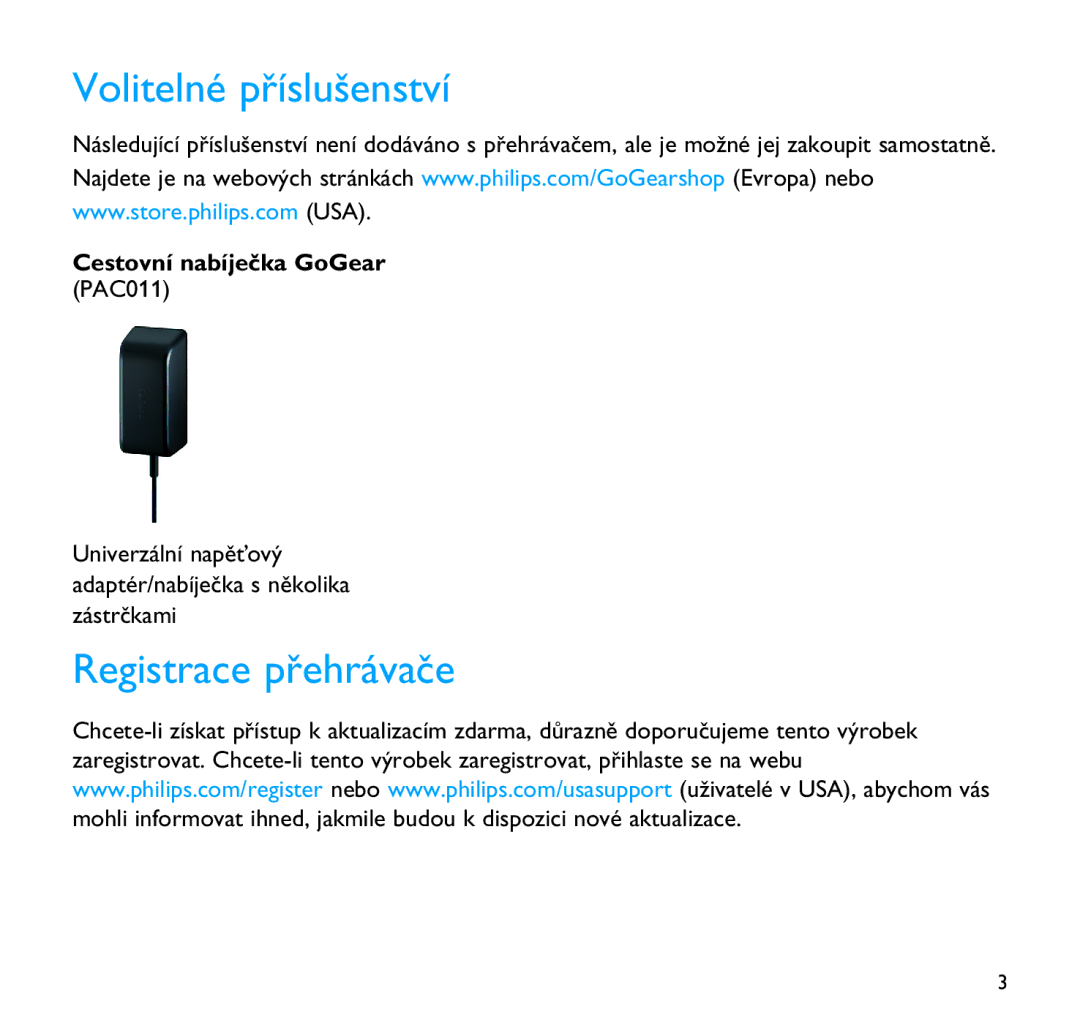 Philips SA9200, SA9100 manual Volitelné příslušenství, Registrace přehrávače, Cestovní nabíječka GoGear PAC011 