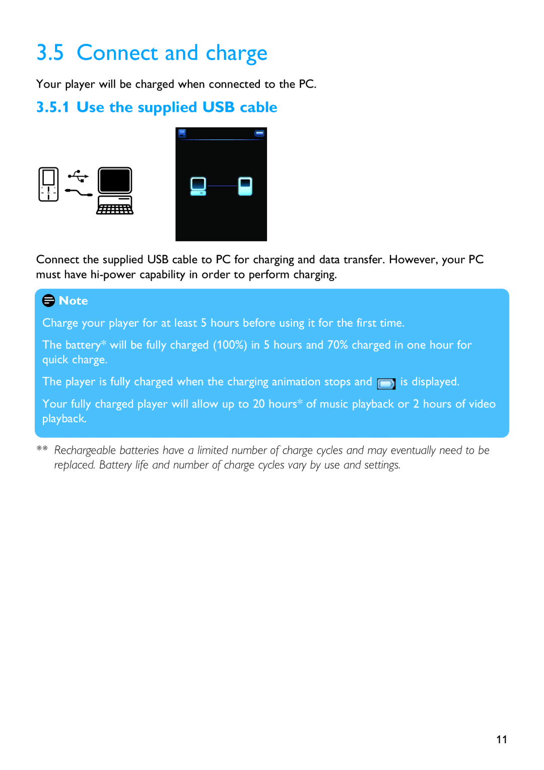 Philips SA9325 manual Connect and charge, Use the supplied USB cable 