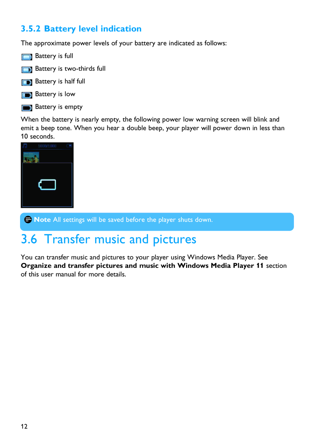 Philips SA9325 manual Transfer music and pictures, Battery level indication 