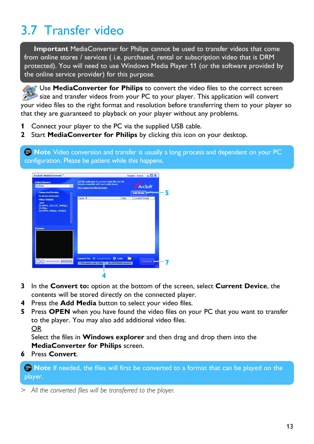 Philips SA9325 manual Transfer video, All the converted files will be transferred to the player 