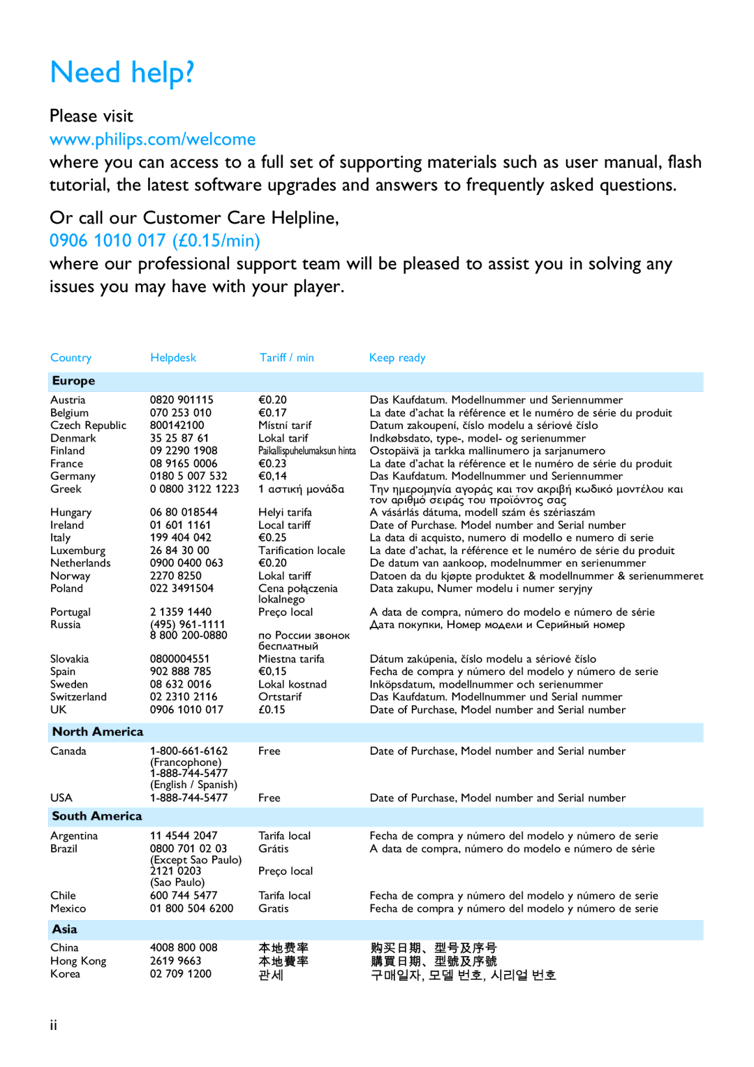 Philips SA9325 manual Need help?, Europe 