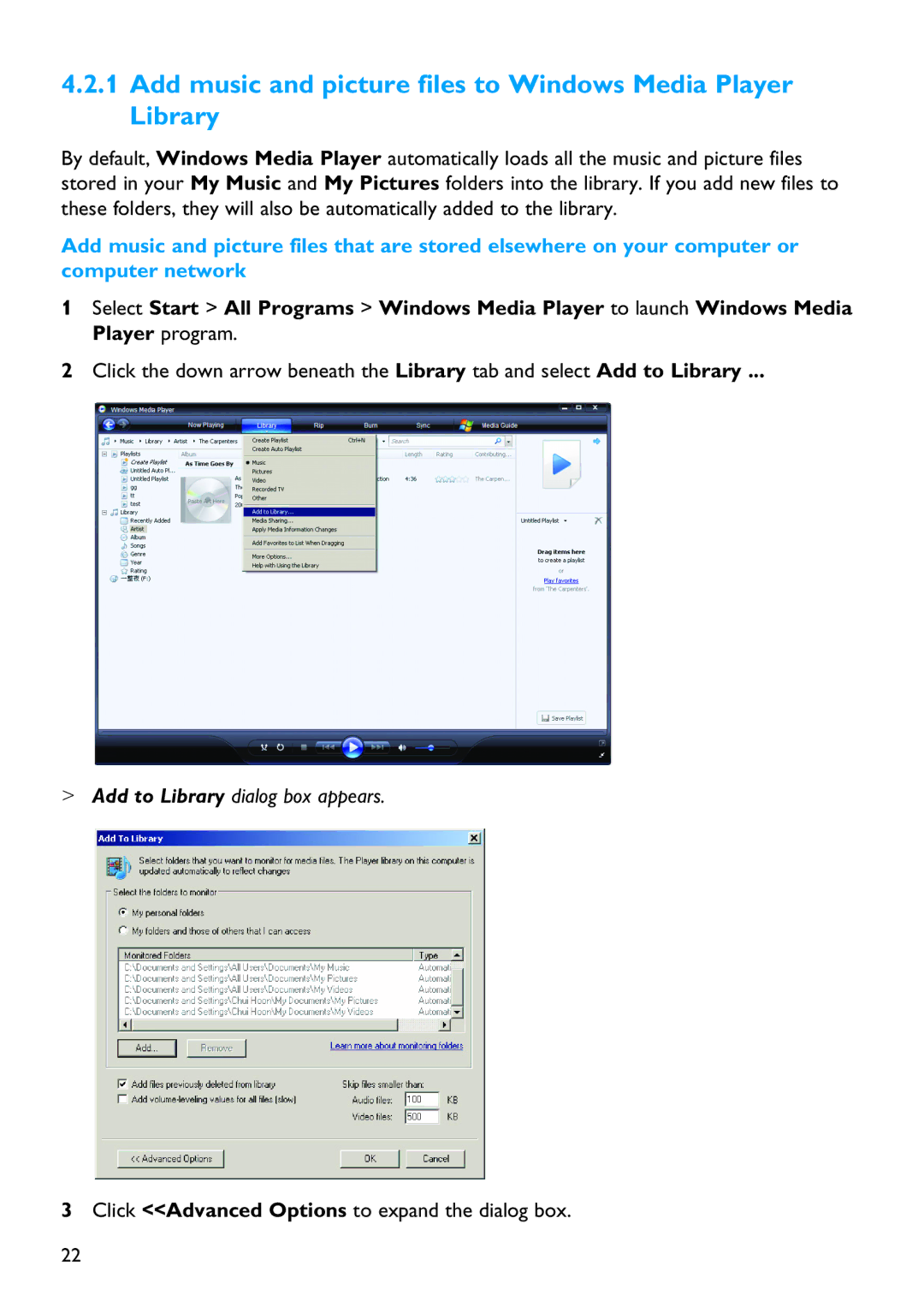 Philips SA9325 manual Add music and picture files to Windows Media Player Library, Add to Library dialog box appears 