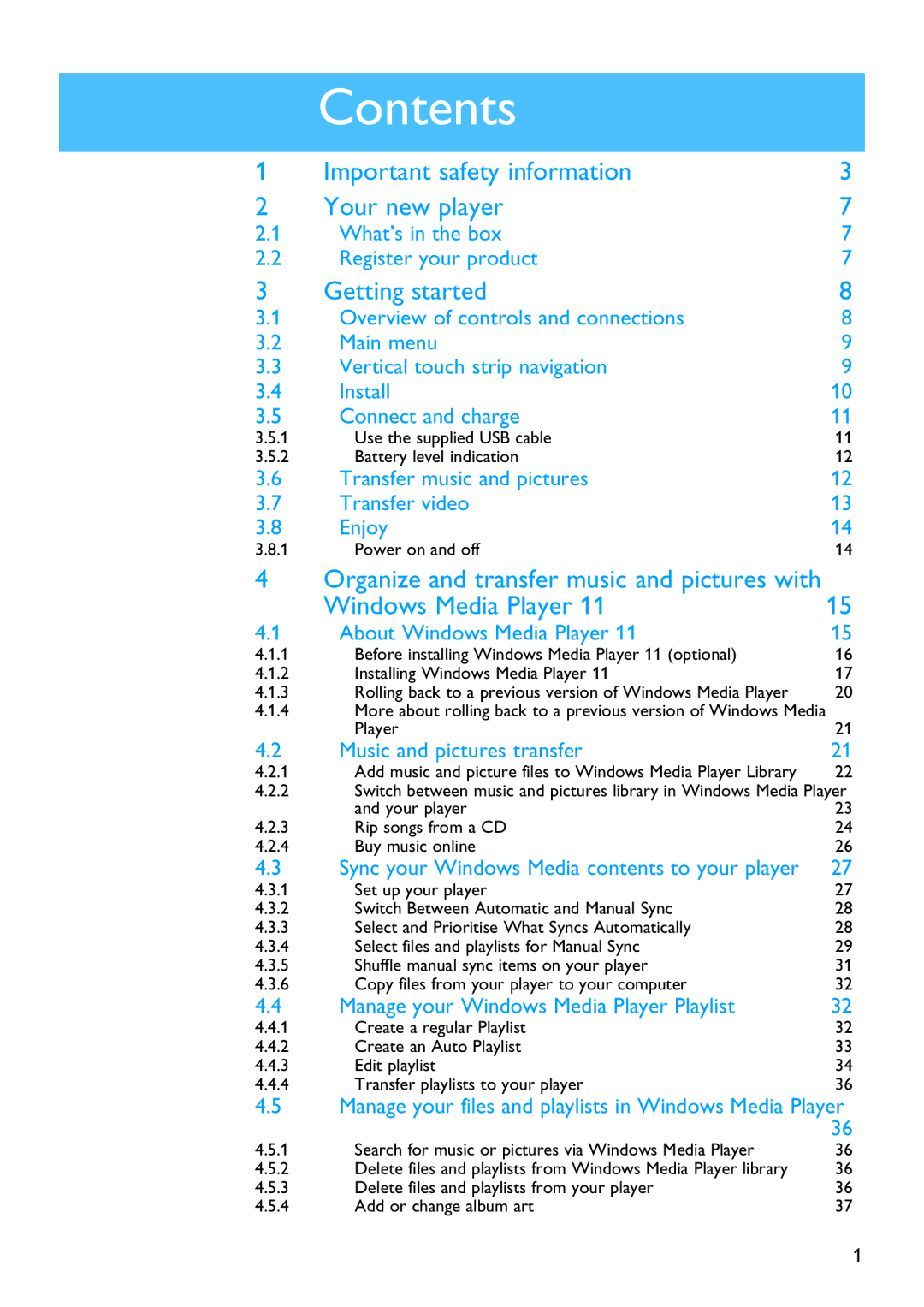 Philips SA9325 manual Contents 