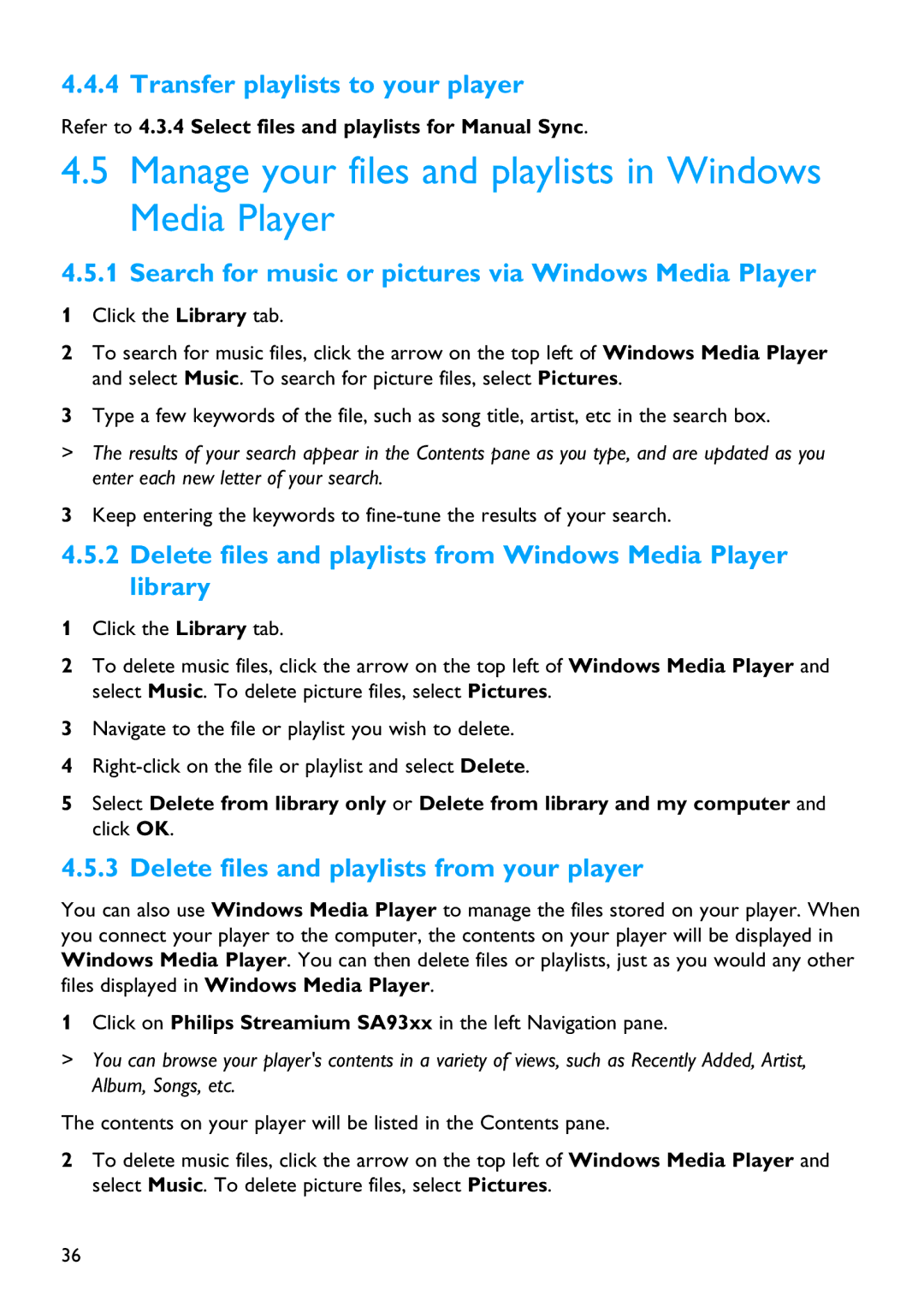 Philips SA9325 manual Manage your files and playlists in Windows Media Player, Transfer playlists to your player 