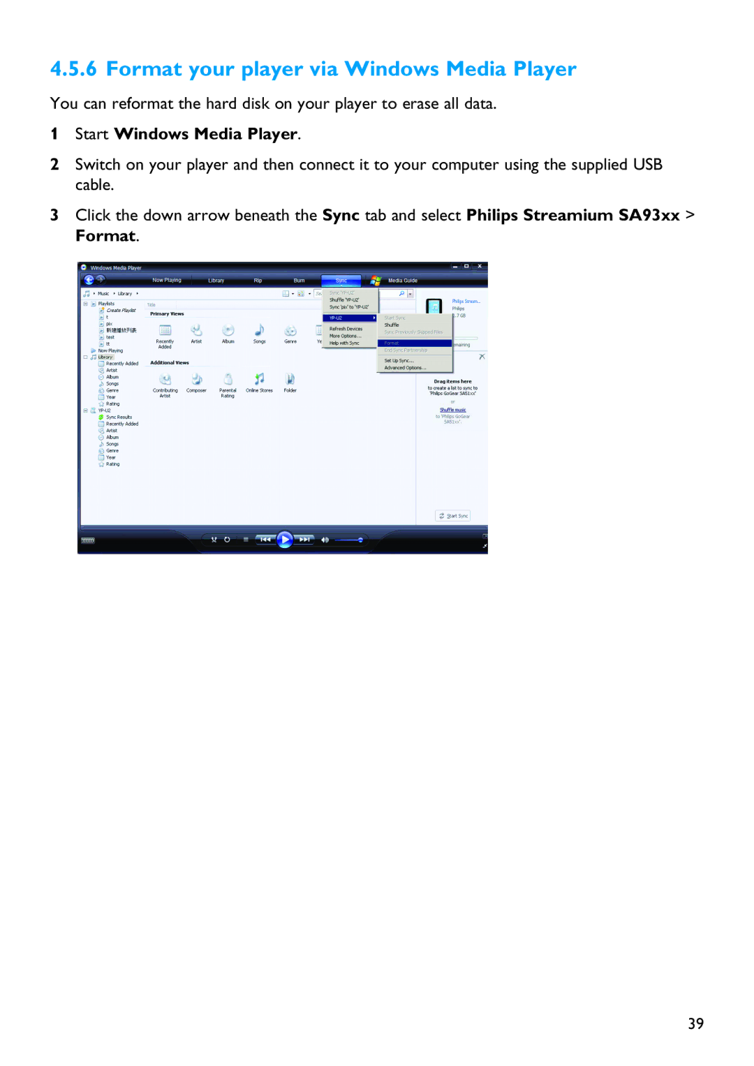 Philips SA9325 manual Format your player via Windows Media Player, Start Windows Media Player 
