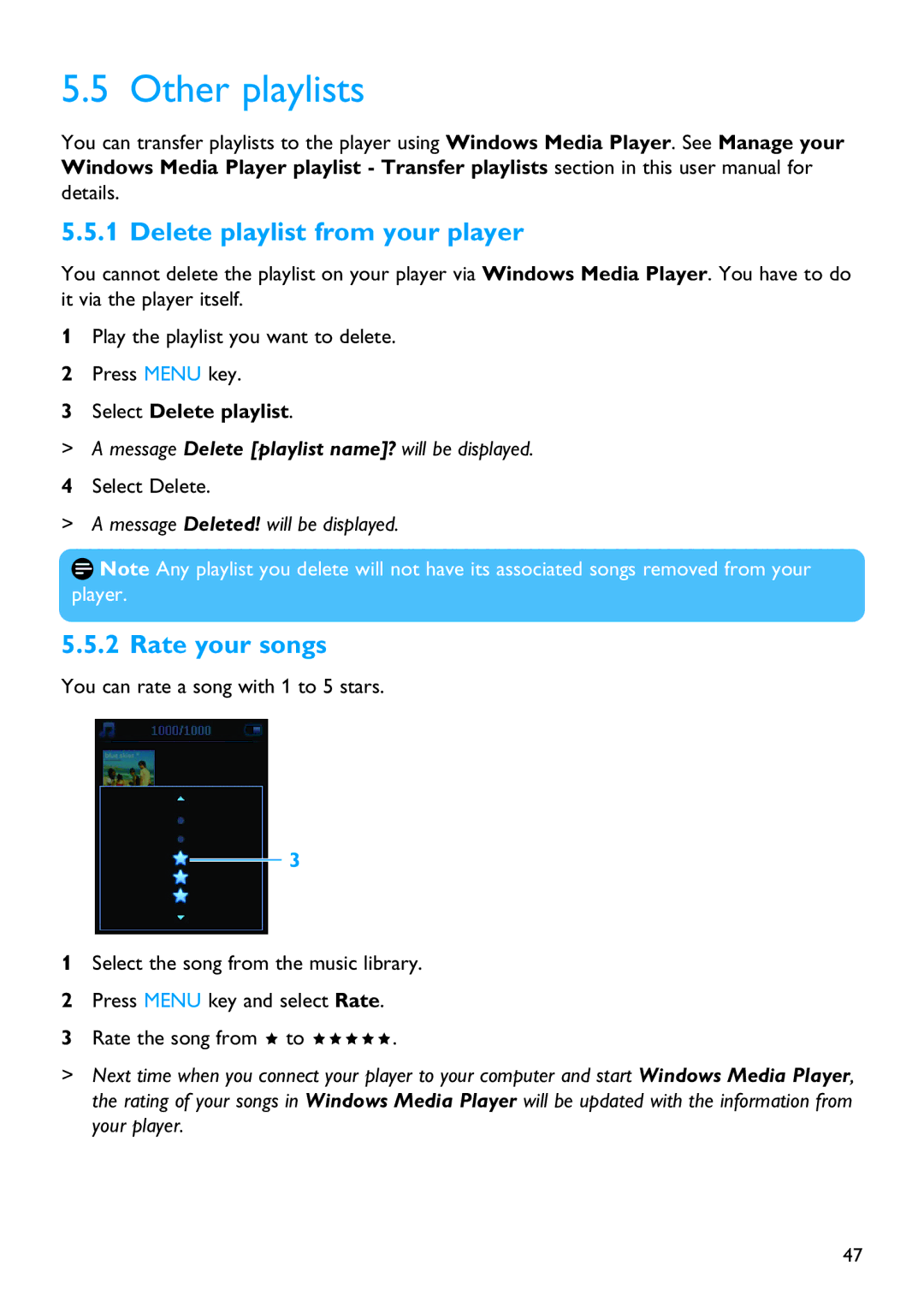 Philips SA9325 manual Other playlists, Delete playlist from your player, Rate your songs, Select Delete playlist 