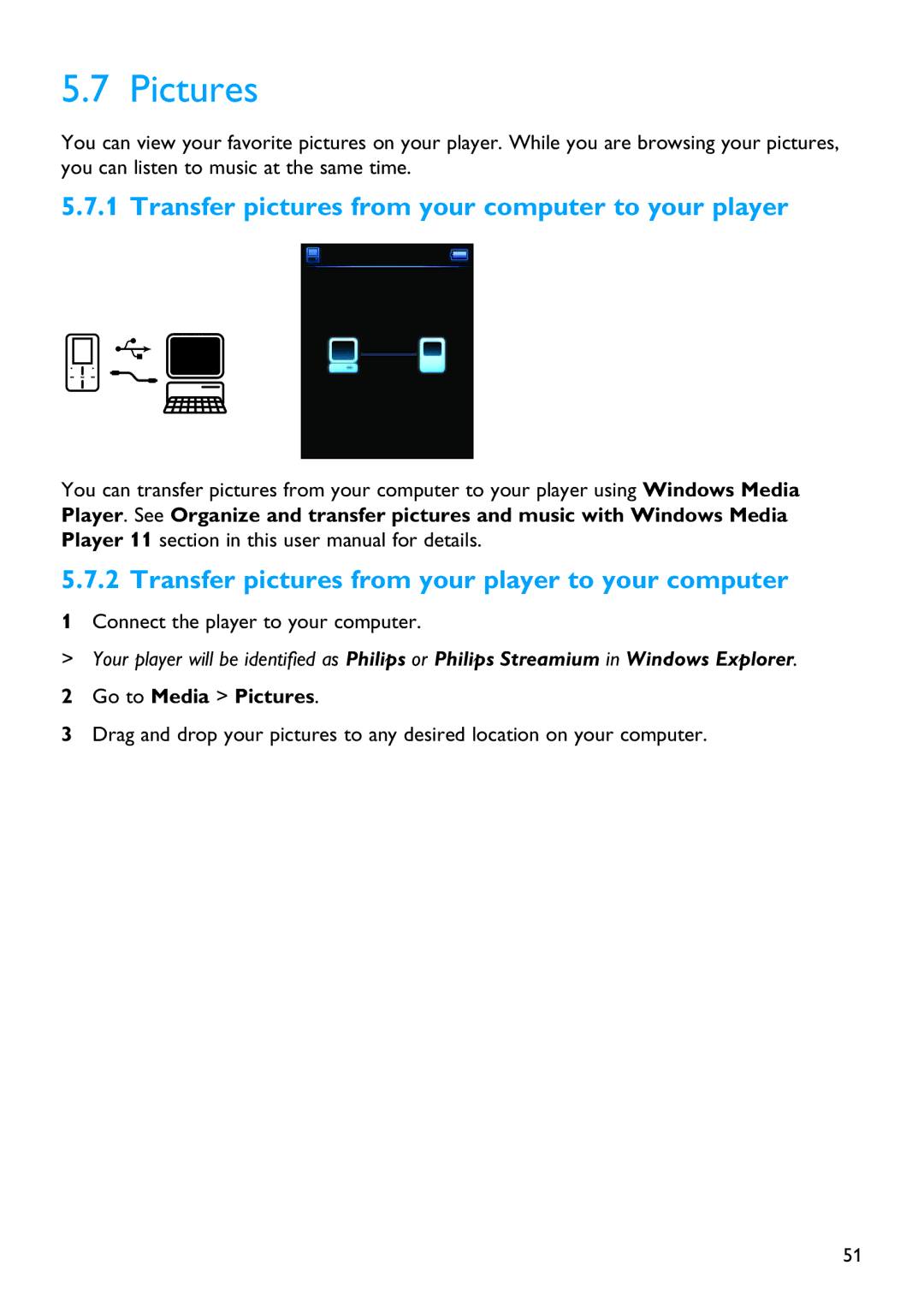 Philips SA9325 manual Transfer pictures from your computer to your player, Go to Media Pictures 