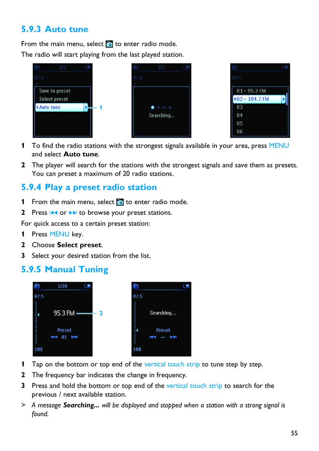 Philips SA9325 manual Auto tune, Play a preset radio station, Manual Tuning, Choose Select preset 