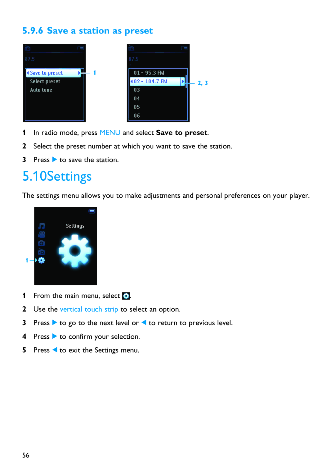 Philips SA9325 manual 10Settings, Save a station as preset 