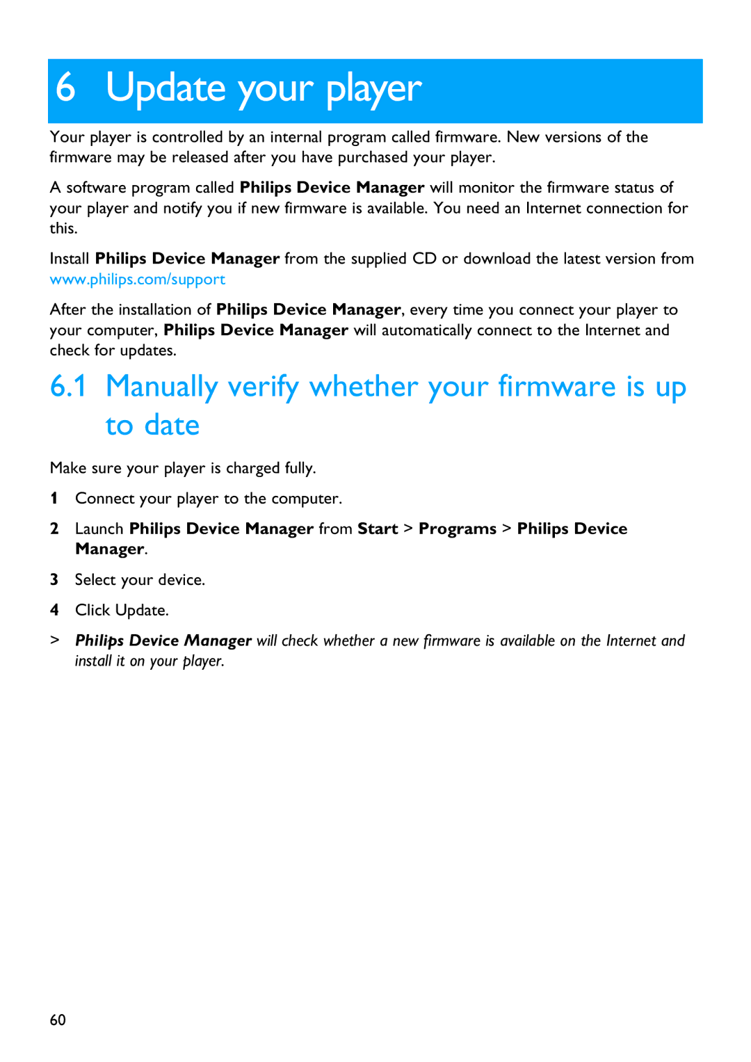 Philips SA9325 manual Update your player, Manually verify whether your firmware is up to date 