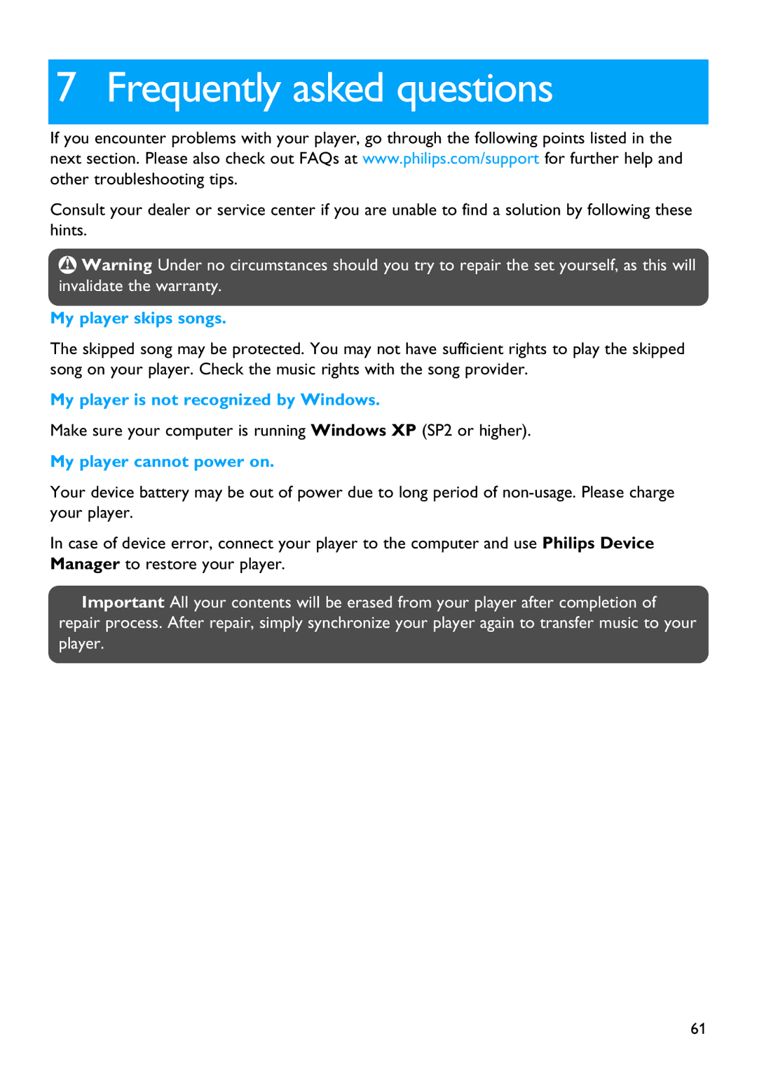 Philips SA9325 manual Frequently asked questions, My player skips songs 