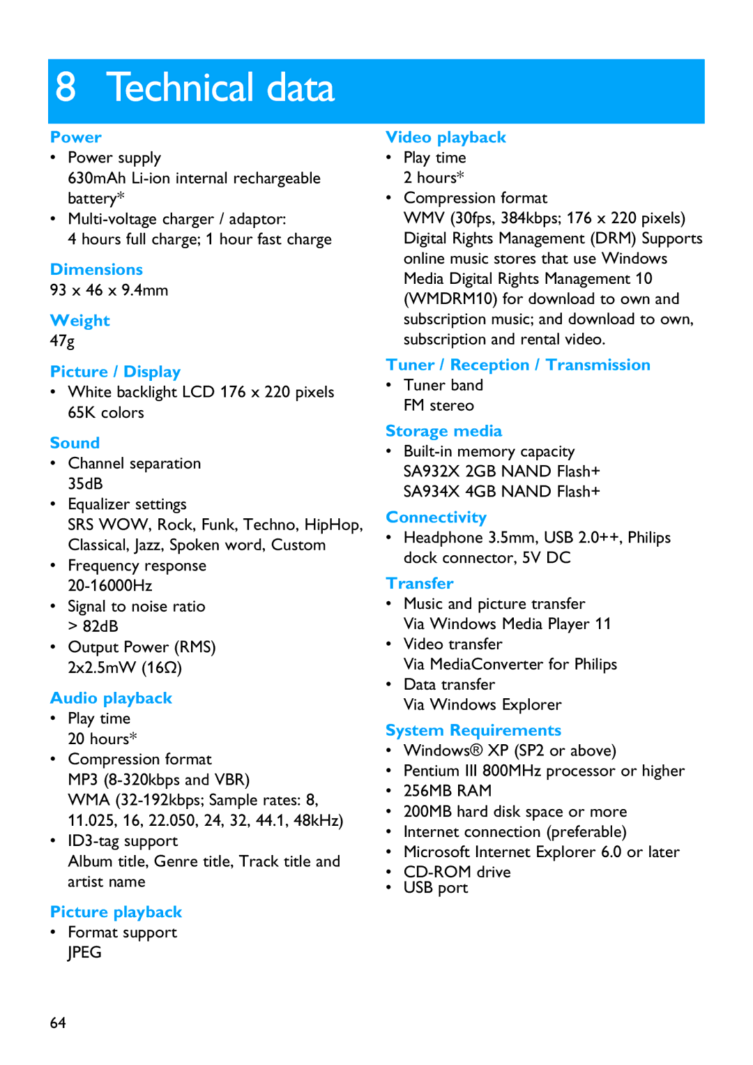 Philips SA9325 manual Technical data, Power 