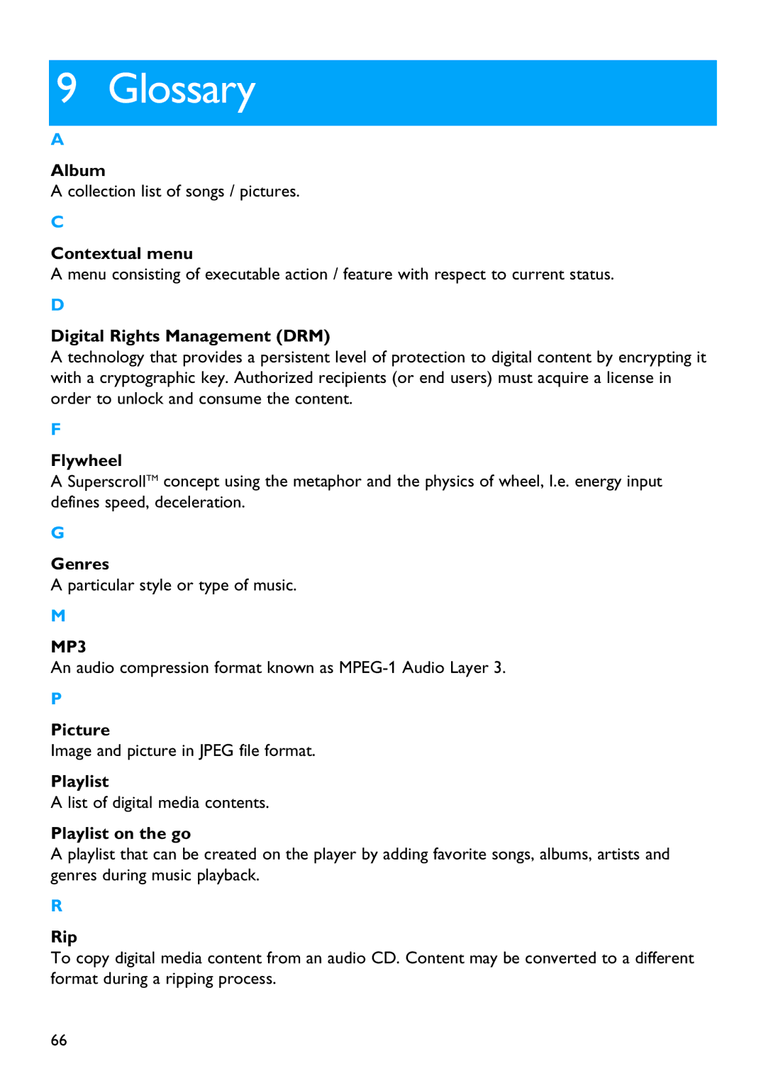 Philips SA9325 manual Glossary 