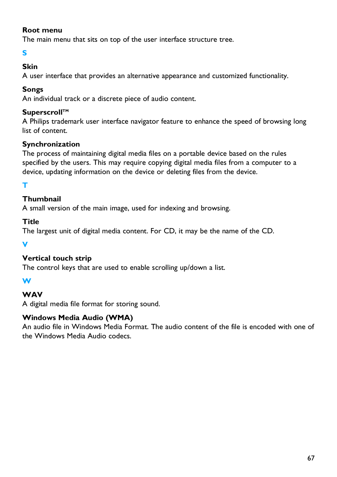 Philips SA9325 manual Root menu, Skin, Songs, SuperscrollTM, Synchronization, Thumbnail, Title, Vertical touch strip 