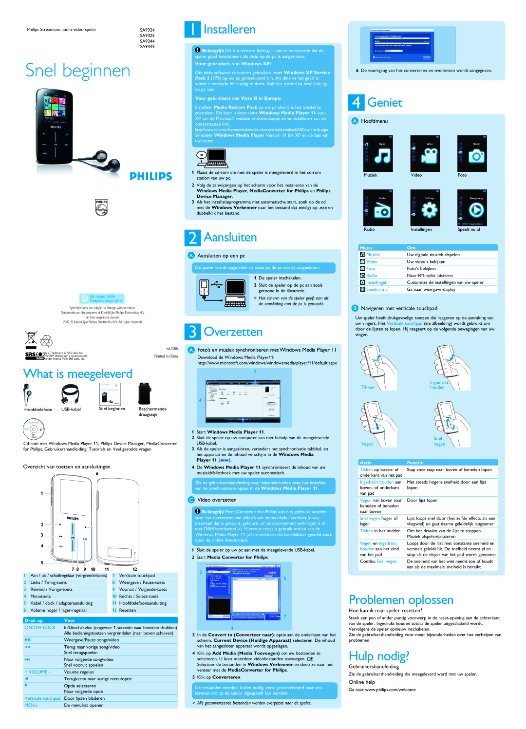 Philips SA934 quick start Installeren, Geniet, What is meegeleverd, Aansluiten, Overzetten, Problemen oplossen 