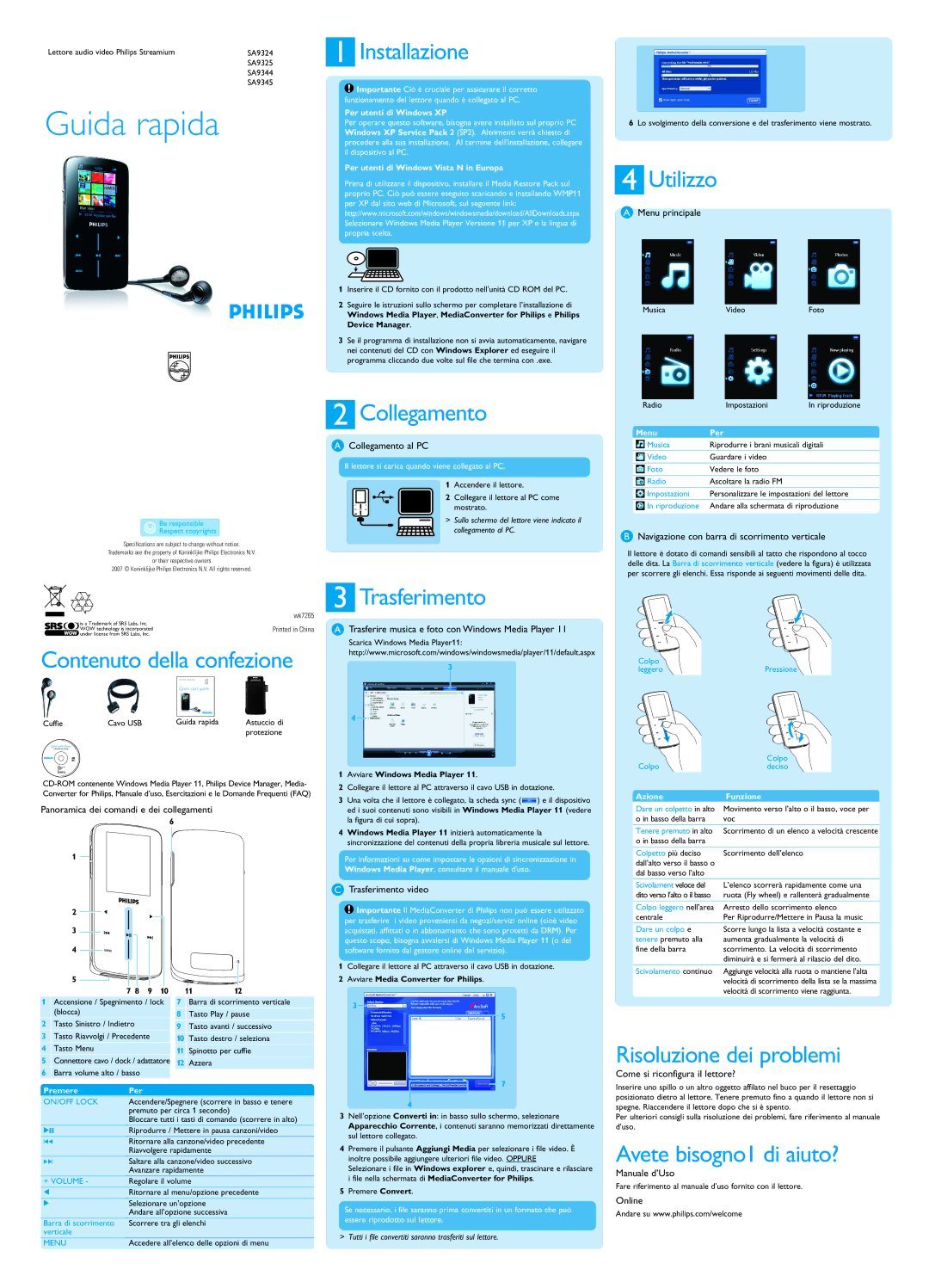 Philips SA9345, SA9344, SA9325 quick start Installazione, Utilizzo, Collegamento, Contenuto della confezione, Trasferimento 