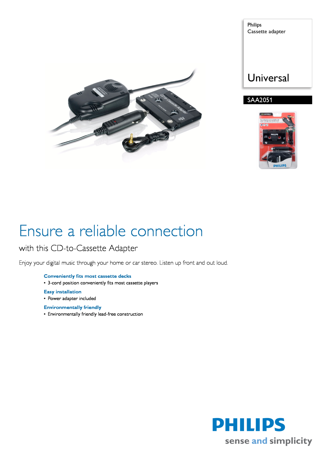 Philips SAA2051 manual Philips Cassette adapter, Conveniently fits most cassette decks, Easy installation, Universal 