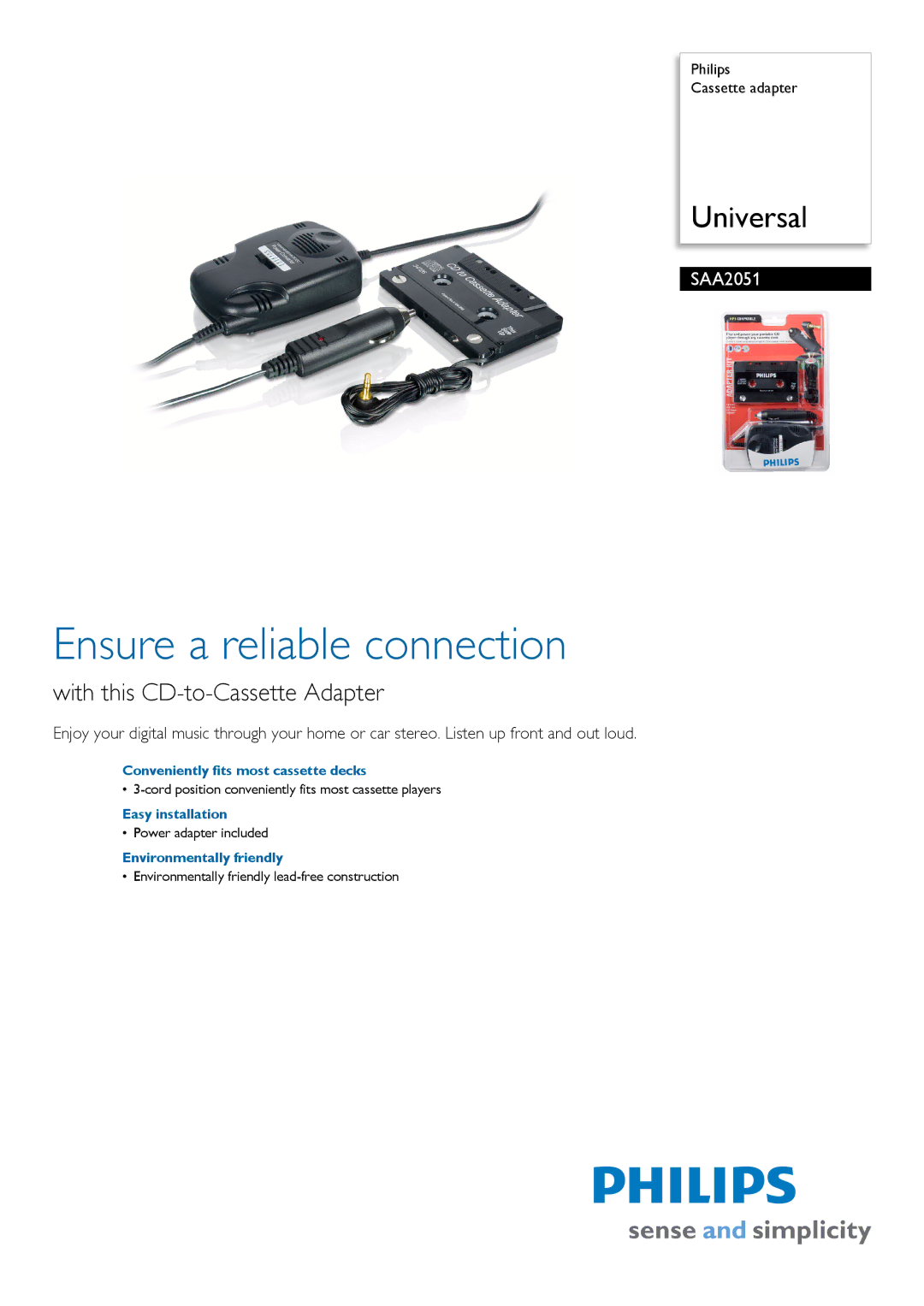 Philips SAA2051 manual Ensure a reliable connection, With this CD-to-Cassette Adapter, Easy installation 