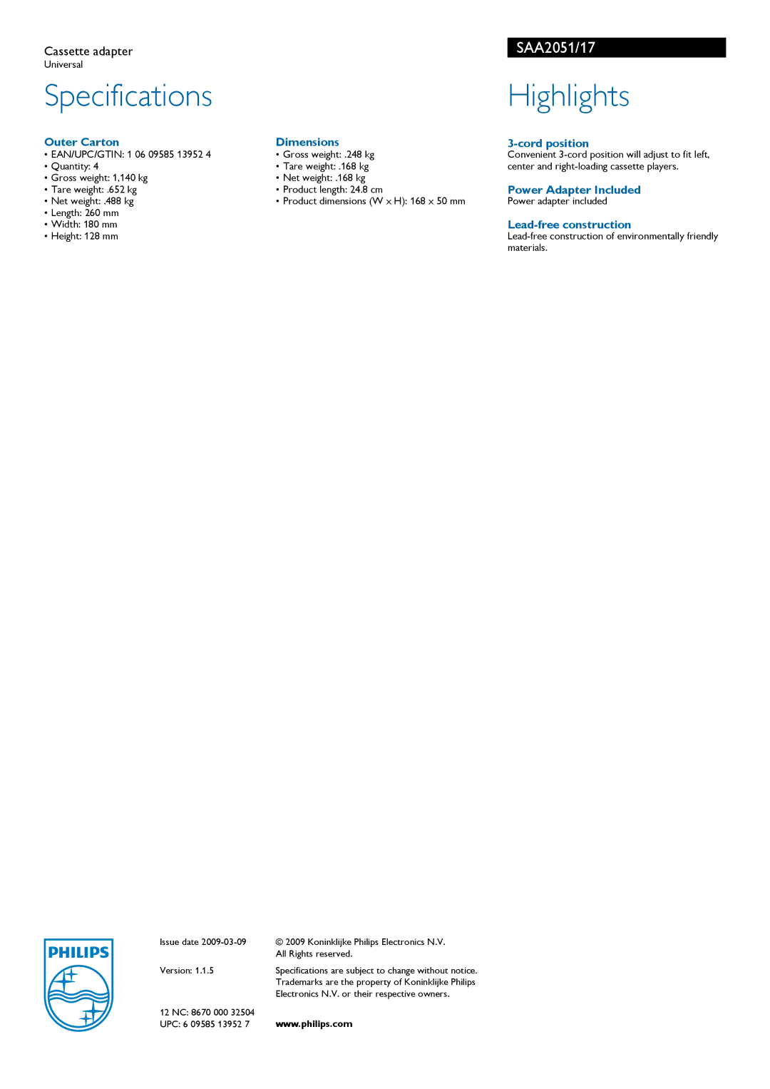 Philips SAA2051 manual Specifications Highlights, Outer Carton Dimensions Cord position, Power Adapter Included 