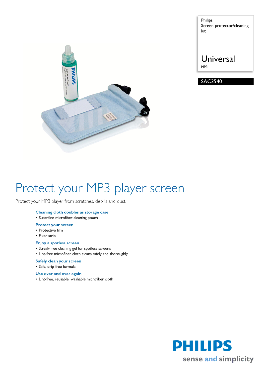 Philips SAC3540 manual Cleaning cloth doubles as storage case, Protect your screen, Enjoy a spotless screen 