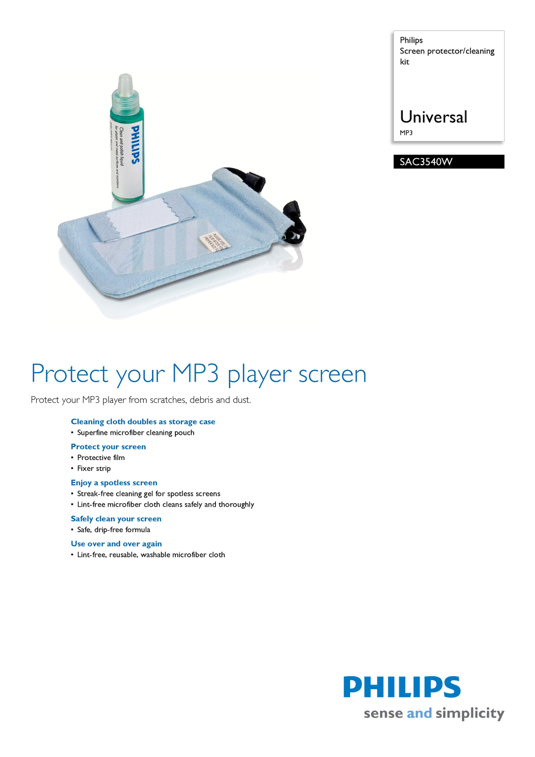 Philips SAC3540W manual Cleaning cloth doubles as storage case, Protect your screen, Enjoy a spotless screen 