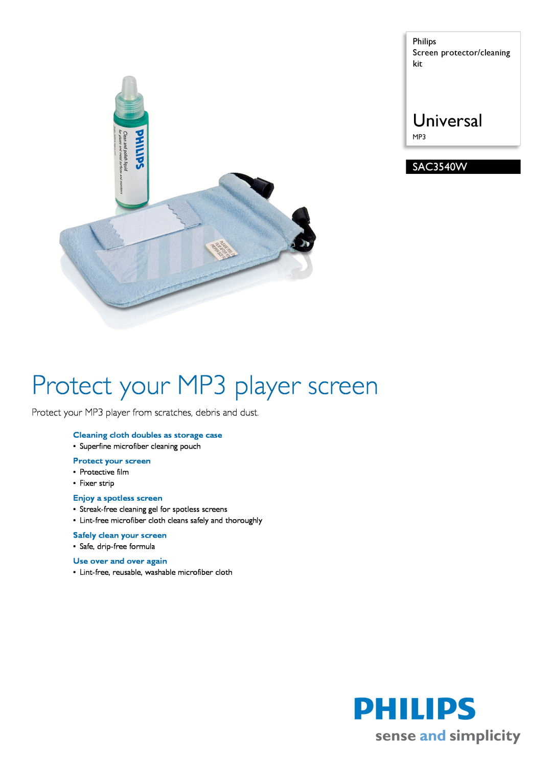 Philips SAC3540W manual Philips Screen protector/cleaning kit, Protect your MP3 player screen, Universal 