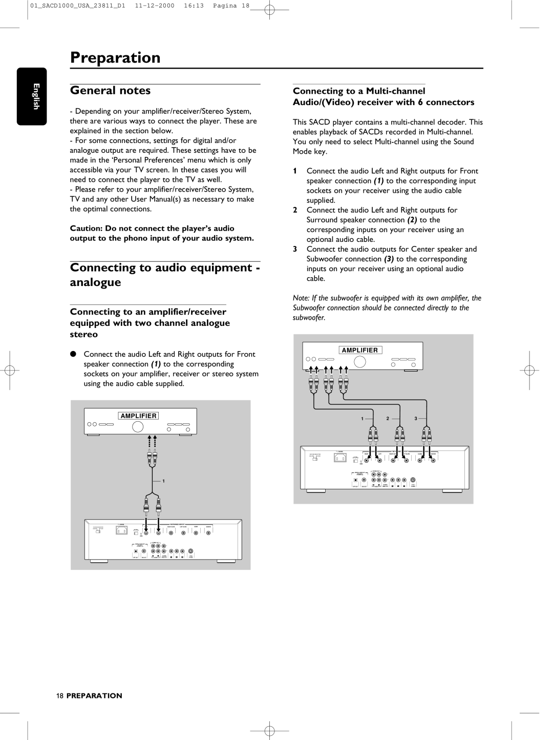 Philips SACD-1000 manual Preparation, General notes, Connecting to audio equipment analogue 