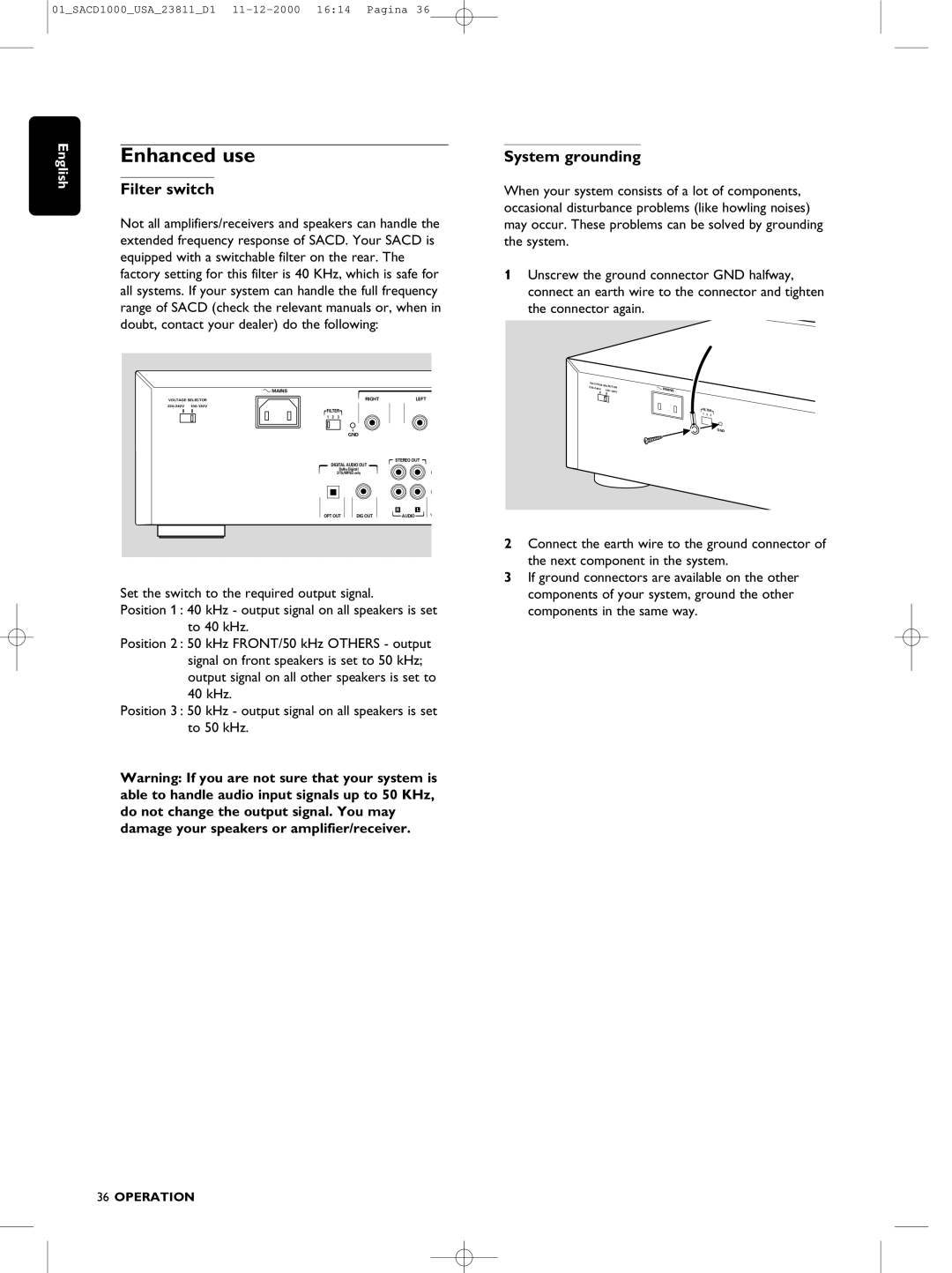 Philips SACD-1000 manual Enhanced use, Filter switch, System grounding, Components in the same way 