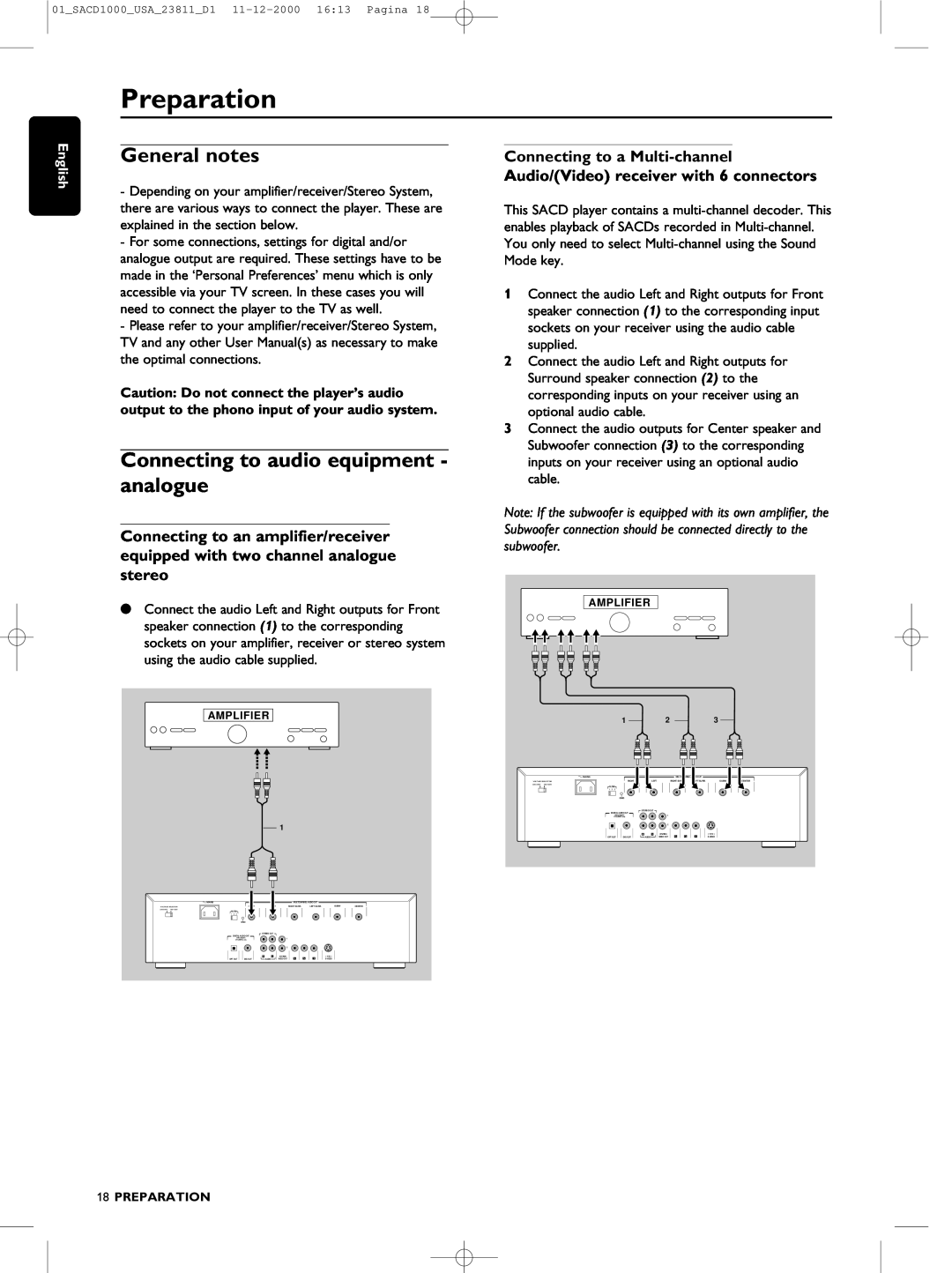 Philips SACD-1000 manual Preparation, General notes, Connecting to audio equipment - analogue 